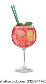 Vector illustration of a pink cocktail with a slice of citrus fruits and strawberries and tubules on a white background in a flat style. Suitable for menu design, food stickers, scrapbooking.