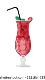 Vector illustration of a pink cocktail with strawberries and mint leaves on a white background in a flat style. Suitable for menu design, food stickers, scrapbooking.