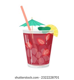 Vector illustration of a pink cocktail with a strawberry and pineapple slice, mint leaves, ice cubes and straws on a white background in a flat style. Suitable for menu design, food stickers
