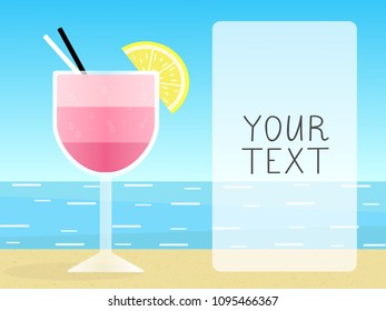 Vector illustration of pink cocktail with straws, slice of lemon and sea background. Colorful flat style for cards, postcards, banners and posters. EPS 10