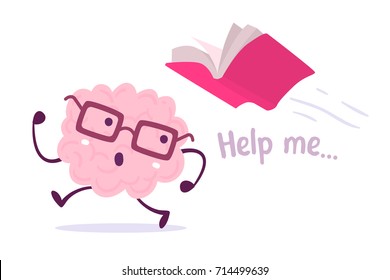 Vector illustration of pink color brain with glasses running away from a red book flying behind on white background. Brain afraid of knowledge cartoon concept. Flat style design of character brain