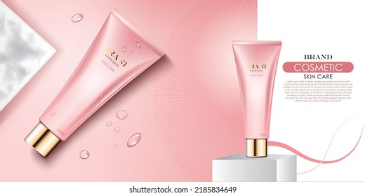 vector illustration pink color cosmetic cream tube and water drops design template.use for cosmetic advertising and banner.