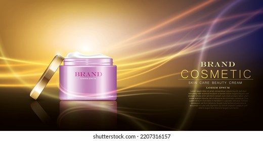 vector illustration pink color cosmetic cream jar with golden lines design template. on the dark golden glittering background,use for cosmetic advertising and banner design.