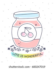 Vector illustration of pink color glass jar with homemade cherry jam on white background with inscription and flowers. Flat hand drawn line art style for print, web, wedding invitation, greeting card