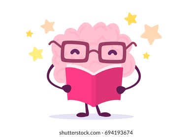 Vector illustration of pink color happy brain with glasses reading a book on white background with stars. Enjoyable education brain cartoon concept. Flat style design of character brain for education