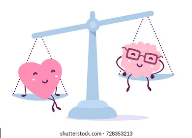 Vector illustration of pink color heart and human brain with glasses sit on the scales on white background. The heart outweighs the brain concept. Doodle style. Flat style design of heart and brain