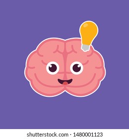Vector illustration of pink color human brain with glasses as a super hero and light bulb on white background. Inspiration cartoon brain concept. Doodle style. Flat style design of character brain