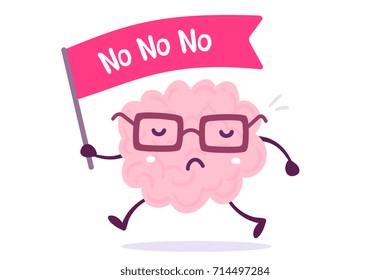 Vector illustration of pink color human brain with glasses goes with the flag on white background. Protest cartoon brain concept. Doodle style. Flat style design of character brain for training theme
