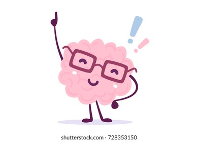 Vector illustration of pink color human brain with glasses invented something on white background. Founding the answer cartoon brain concept. Doodle style. Flat style design of brain for education