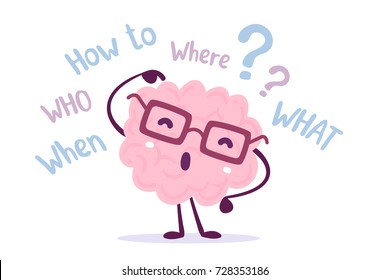 Vector illustration of pink color human brain with glasses thinks over the question on white background. Seeking answer cartoon brain concept. Doodle style. Flat style design of character brain