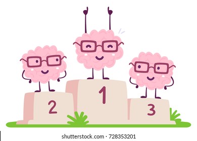 Vector illustration of pink color human brain with glasses stands on the winner pedestal on white background. The best cartoon brain concept. Doodle style. Flat style design of character brain