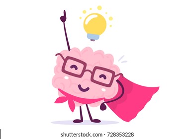 Vector illustration of pink color human brain with glasses as a super hero and light bulb on white background. Inspiration cartoon brain concept. Doodle style. Flat style design of character brain