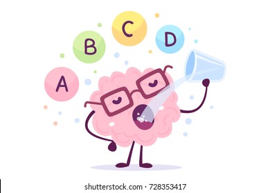 Vector illustration of pink color human brain with glasses drinks water on white background. Proper nutrition cartoon brain concept. Healthy lifestyle. Flat style design of character brain