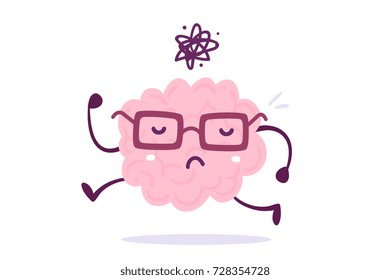 Vector illustration of pink color human brain with glasses goes thinking forwards on white background. Meditating cartoon brain concept. Doodle style. Flat style design of character brain for training