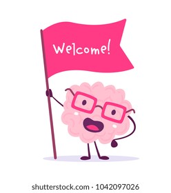 Vector illustration of pink color smile brain with glasses holding red flag on white background. Welcome cartoon brain concept. Doodle style. Flat style design of character brain for education theme