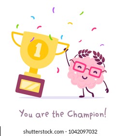 Vector illustration of pink color smile brain with glasses holding golden winner cup on white background. Champion cartoon brain concept. Doodle style. Flat style design of education character brain