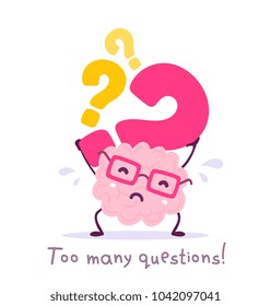 Vector illustration of pink color smile brain with glasses holding question mark on white background. Very strong cartoon brain concept. Doodle style. Flat style design of education character brain
