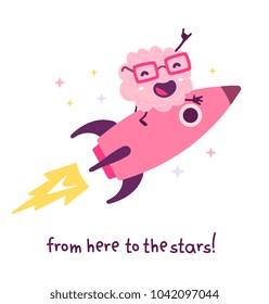 Vector illustration of pink color smile brain with glasses flying on a rocket to star on white background. Doodle style. Business startup cartoon brain concept. Flat style design of character brain