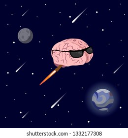 Vector illustration of pink color smile brain with glasses flying in space. Flat style design of character brain