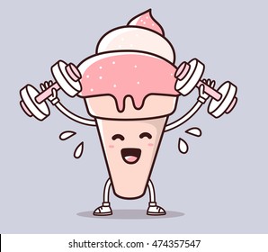 Vector illustration of pink color smile ice cream lifts dumbbells on blue background. Fitness cartoon concept. Doodle style. Thin line art flat design of ice cream for sport, lose weight, fitness