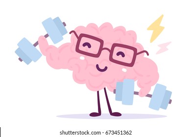 Vector illustration of pink color smile brain with glasses easy dumbbell swing on white background. Very strong cartoon brain concept. Doodle style. Flat style design of character brain for training