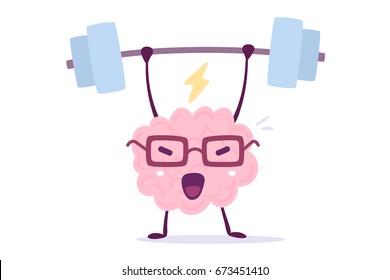 Vector illustration of pink color smile brain with glasses lifts weights on white background. Very strong cartoon brain concept. Doodle style. Flat style design of character brain for education theme