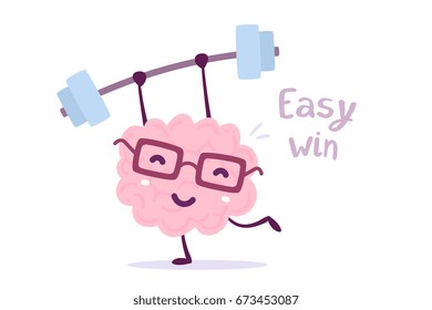 Ilustración vectorial del cerebro de sonrisa color rosa con lentes de fácil elevación pesas sobre fondo blanco. Concepto de cerebro de caricatura de fitness. Estilo Doodle. Diseño plano del cerebro del personaje para el deporte, formación