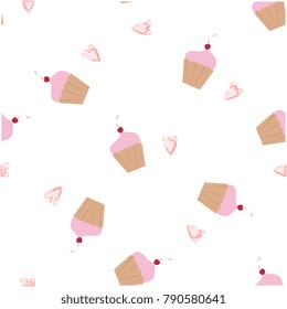 Vector illustration of pink colored cupcakes with berry and small hearts seamless pattern. 