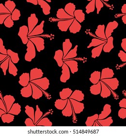 Vector illustration in pink colors on a black background. Seamless tropical flower, hibiscus pattern.