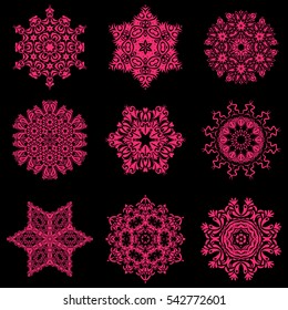 Vector illustration in pink colors on black background. 9 snowflakes winter New Year frame.