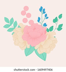 vector illustration with pink and cream peonies and blue flower, perfect to use on the web or in print