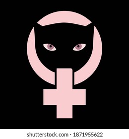 Vector illustration of a pink cross and circle with a black cat head. Design for t-shirts with the symbol of the feminist struggle.