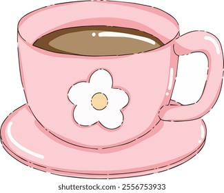 vector illustration of a pink cup of coffee, flower cup, cute doodle sticker, isolated on transparent background