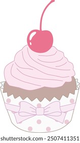 Vektorgrafik von rosafarbenem Cupcake. Kirsche, Süßigkeiten, Bonbons, geschlagen, Kirschen, Symbol