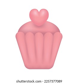 Vector illustration of a pink cupcake with a heart 3d. Isolated on white background