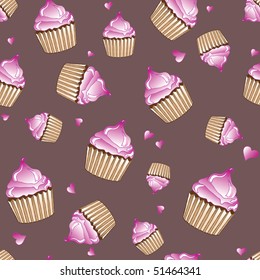 A vector illustration of pink cupcakes and hearts on plain background. Sketch style seamless pattern.