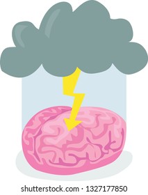 Vector illustration of pink cute brain with lightnings and stormy cloud and rain like brainstorming drop shadow isolated on white background.