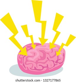 Vector illustration of pink cute brain with  lightnings like brainstorming drop shadow isolated on white background.