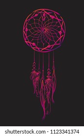 Vector illustration with pink dream catcher on a black background. Ornate ethnic items, feathers, beads