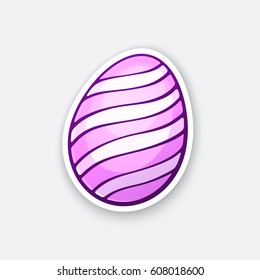 Vector illustration. Pink Easter egg with spiral pattern. Sticker in cartoon style with contour. Decoration for greeting cards, patches, prints for clothes, badges, posters, emblems