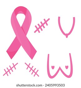 Vector illustration of pink elements, namely pink ribbons, female breasts, breasts with scars and scars instead of breasts for breast cancer day