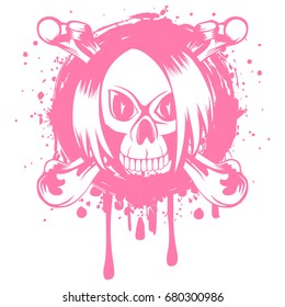 Vector illustration pink emo girl skull with hair and crossed bones on grunge background. For t-shirt design.