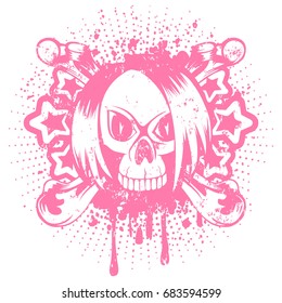 Vector illustration pink emo skull with hair and crossed bones on grunge background. For t-shirt design.