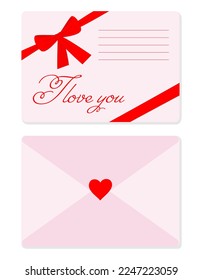Vector illustration. Pink envelope with a bow. I love you