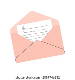 Vector illustration of a pink envelope with a letter. Isolated design on a white background.