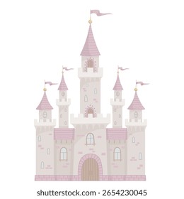 Vector illustration of a pink fairytale Castle with towers, flags, and arched windows for Princess in pastel pink colors. Art of Fantasy Palace for girls Baby shower greeting cards or nursery posters.