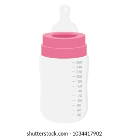 Vector illustration pink feeding bottle. Milk bottle for baby milk. Baby girl bottle 