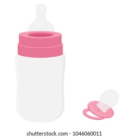 Vector illustration pink feeding bottle. Milk bottle for baby milk. Baby girl bottle and pacifier