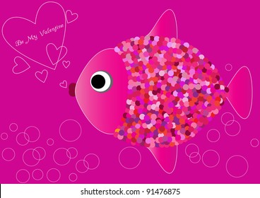 vector illustration with pink fish, hearts, bubbles and place for your text,valentine motive