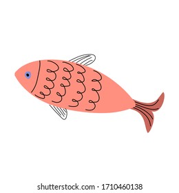 Vector illustration of a pink fish on a white background. Stroke Healthy food. Hand-drawn clipart. Doodley.